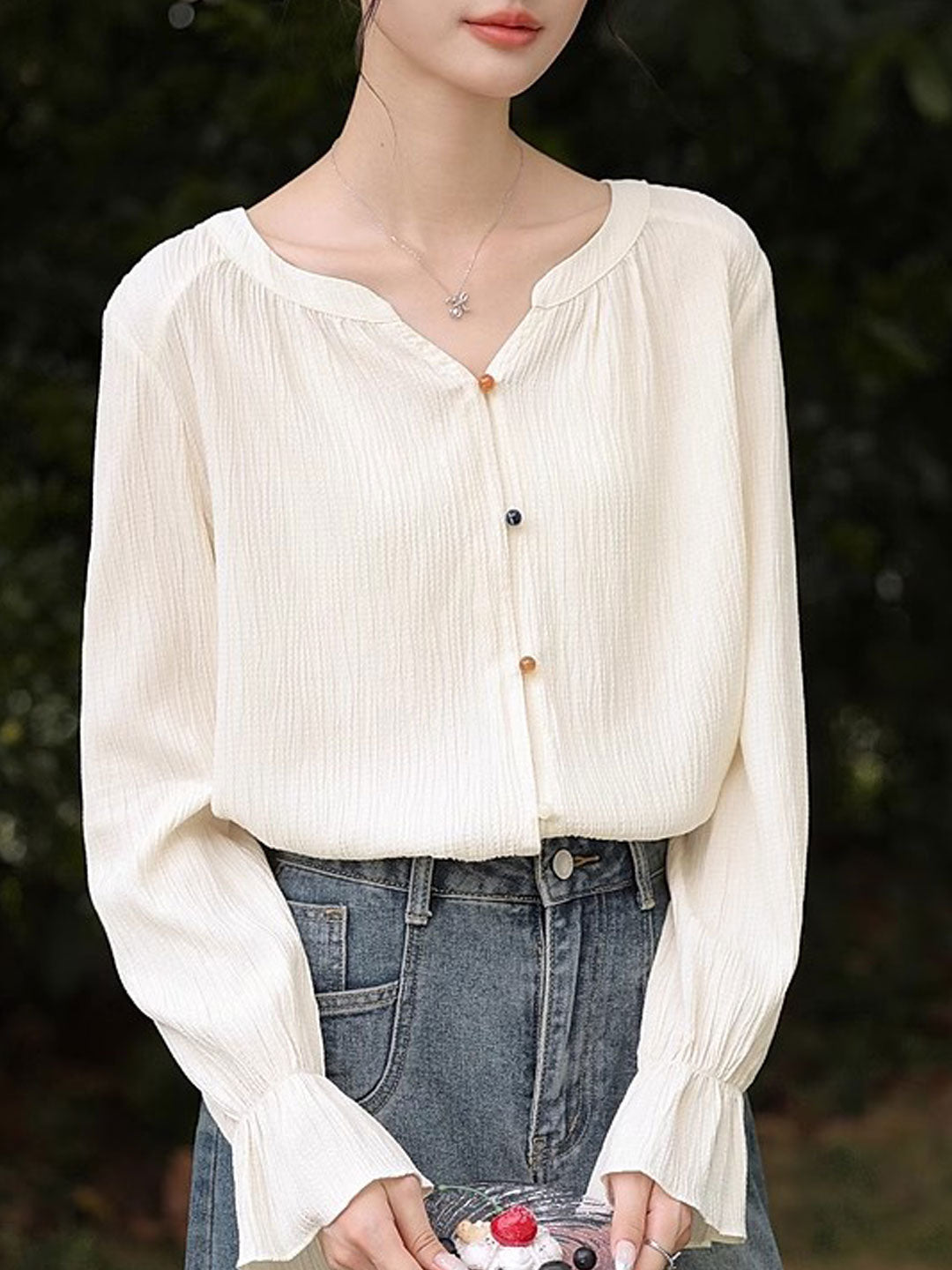 Olivia Loose V-Neck Lantern Sleeve Pleated Textured Top