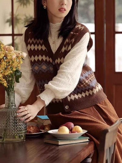 Olivia Retro V-Neck Diamond Knitted Vest