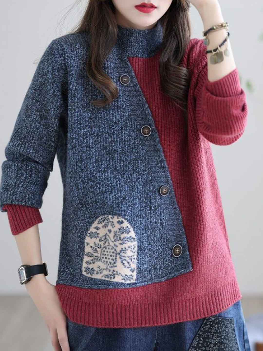 Mya Loose Crew Neck Colorblock Knitted Pullover Top