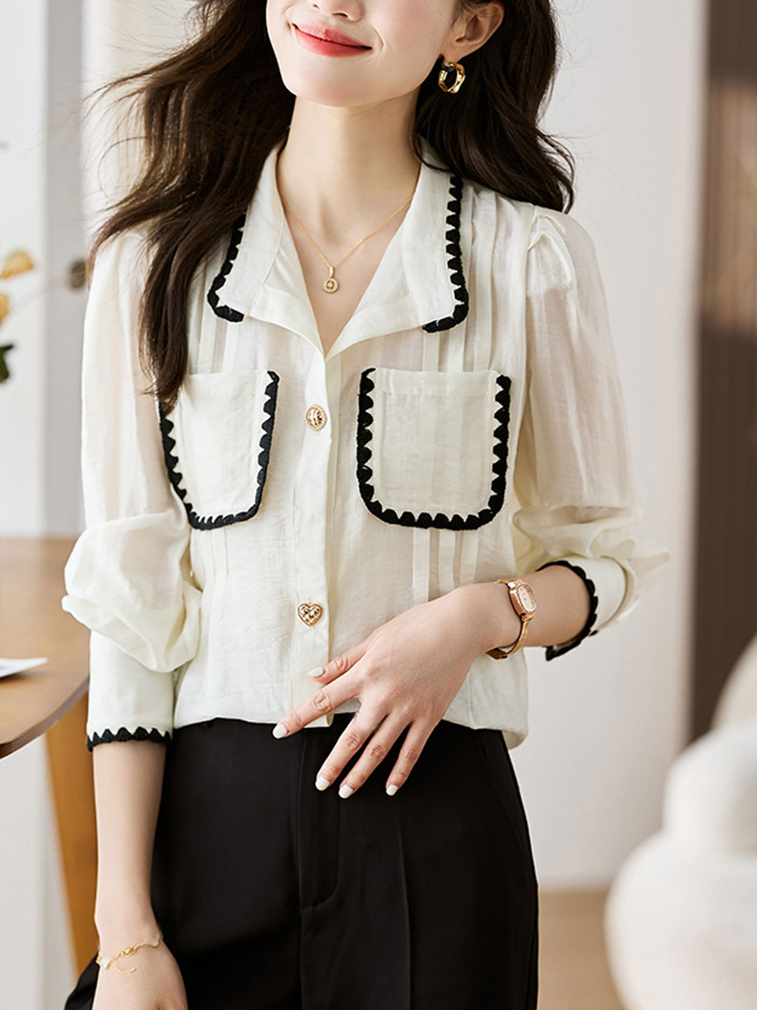 Sophia Retro Lapel Patchwork Shirt