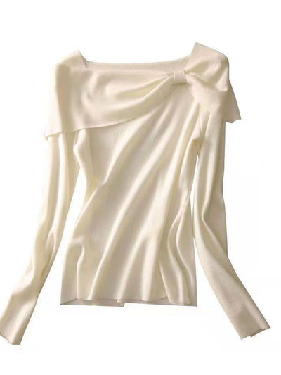 Brianna Off-Neck Bow Knitted Sweater-Blue