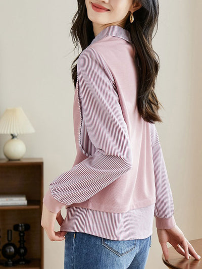 Olivia Casual Lapel Striped Textured Sweatshirt