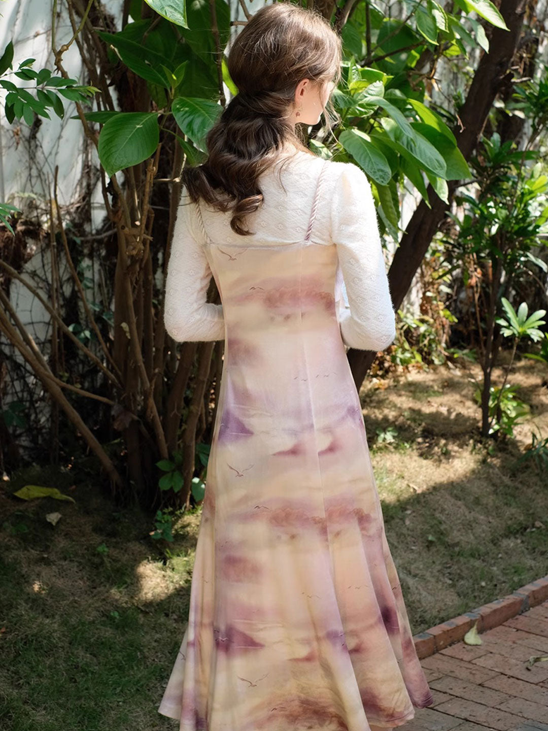 Abigail Retro Printed Velvet Slip Dress And Lace Top Two-Piece Set