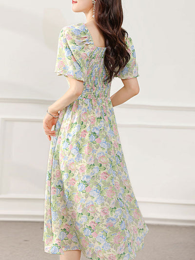 Sophia Retro Puff Sleeve Floral Dress-Pink