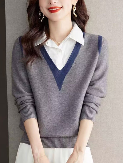 Ava Casual Contrast Color Shirt Collar Knitted Sweater