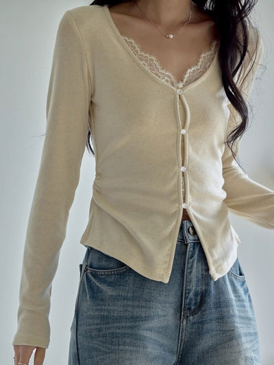 Chloe Slim V-Neck Solid Color Lace Top