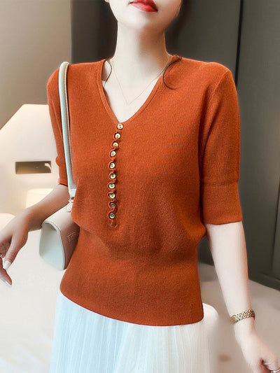 Kayla Loose V-Neck Button Knitted Top-Orange