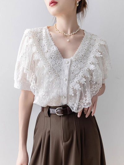 Kaylee Vintage V-Neck Solid Color Lace Blouse