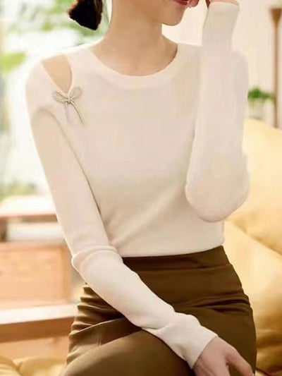 Olivia Elegant Off-Shoulder Bow Tie Knitted Sweater