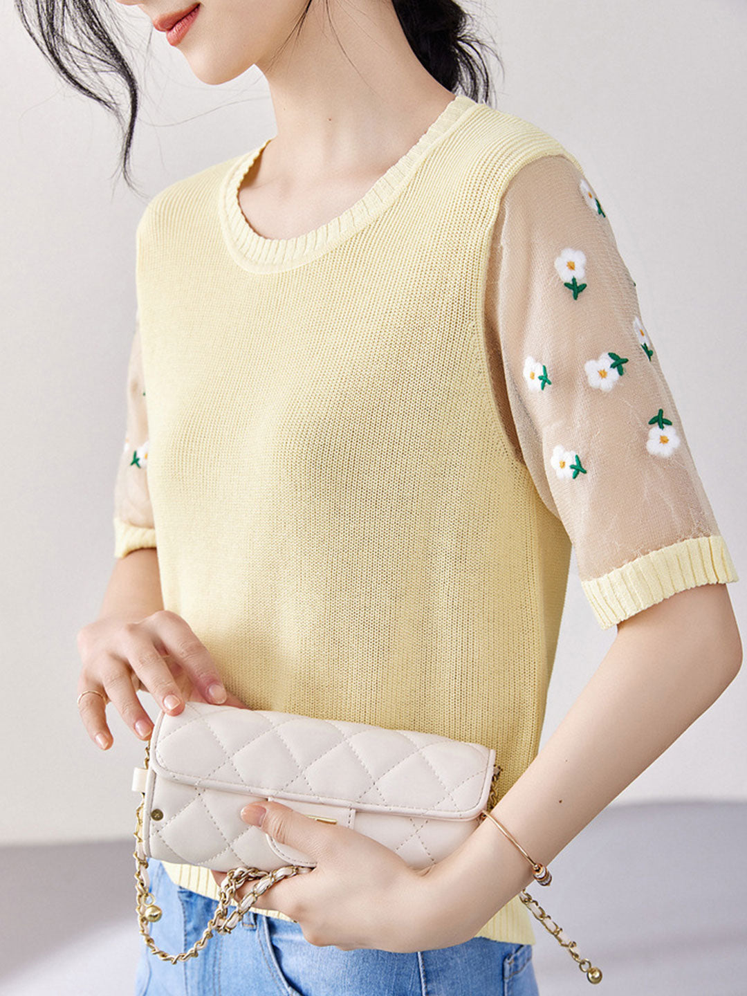 Alexis Classic Embroidered Puff Sleeve Knitted Top-Yellow