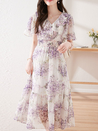 Valeria Retro Waisted Floral Chiffon Dress