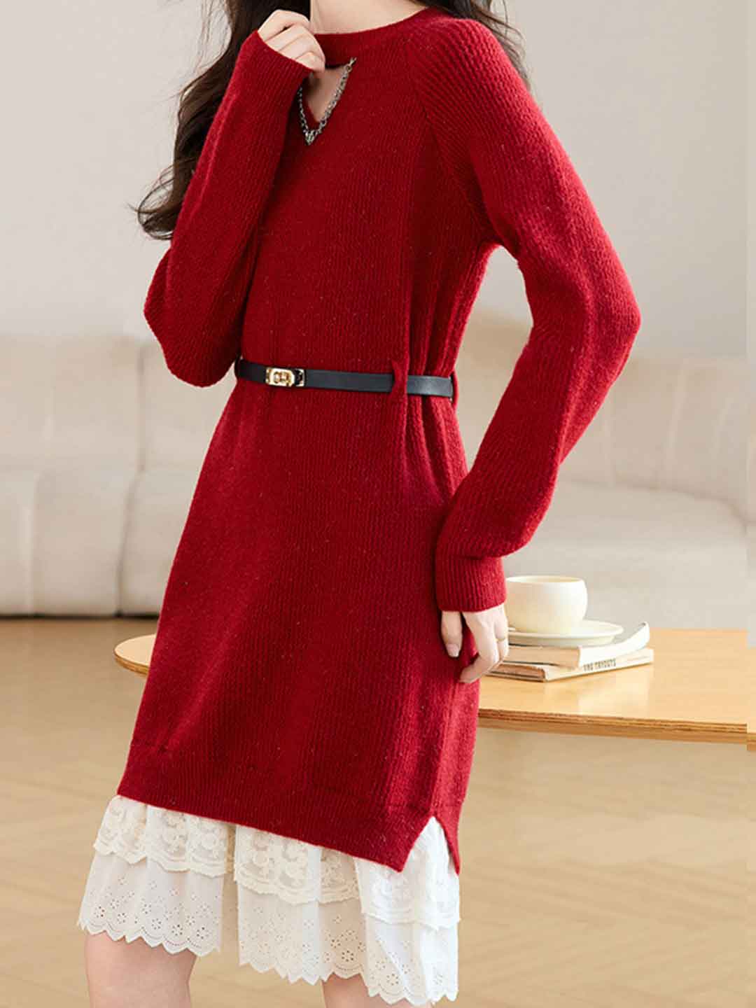 Kaylee Daily Crew Neck Patchwork Lace Knitted Dress