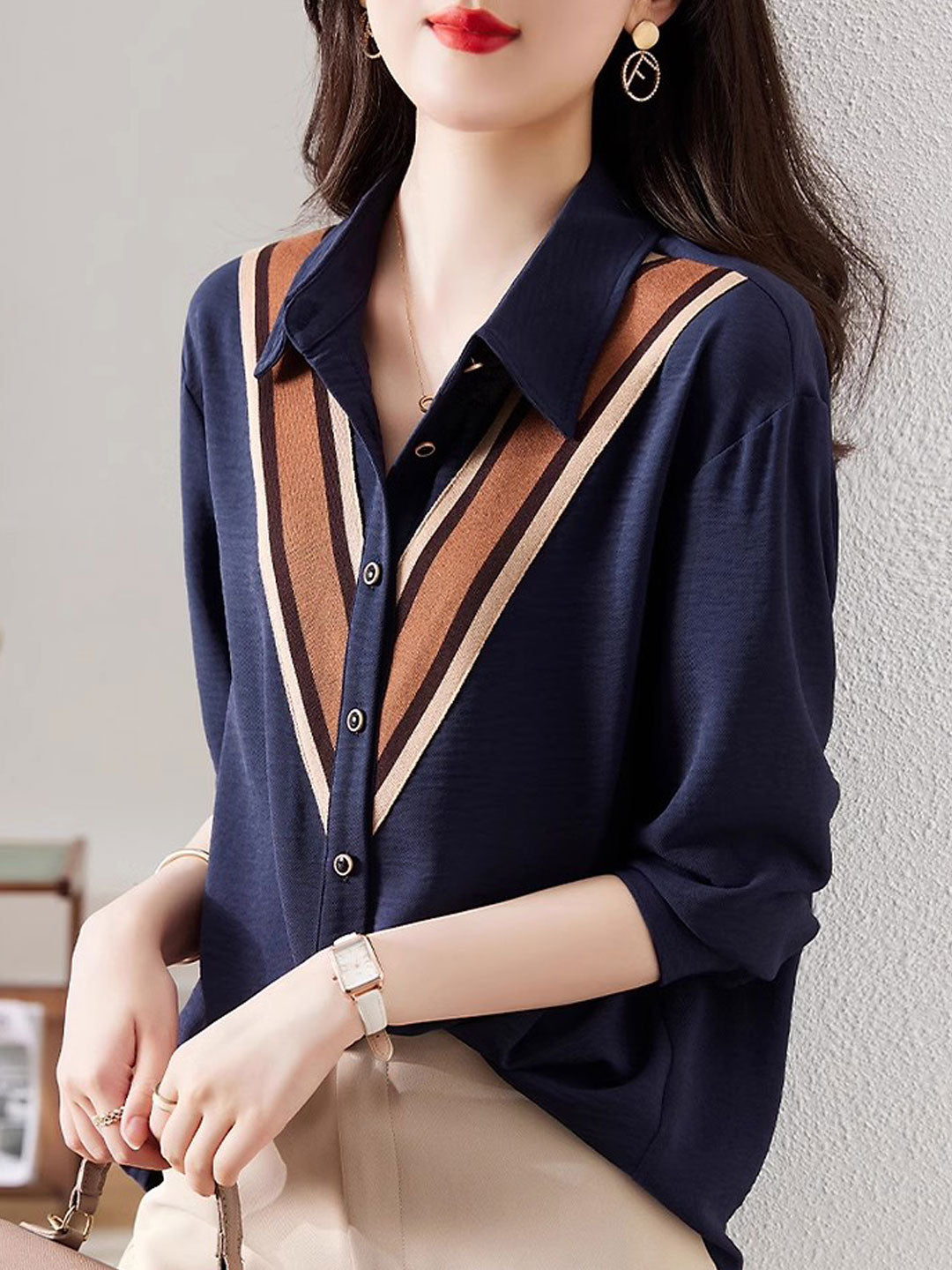 Ashley Casual Paneled Lapel Contrast Shirt