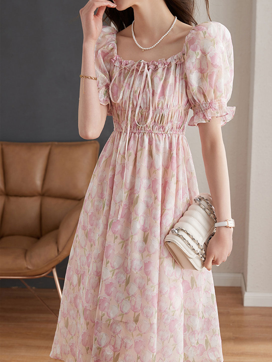 Kayla Classic Jacquard Puff Sleeve Chiffon Dress-Pink