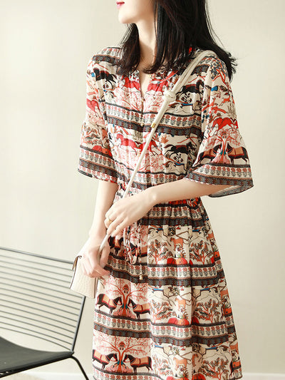 Lauren Elegant Flare Sleeve Printed Tie Dress