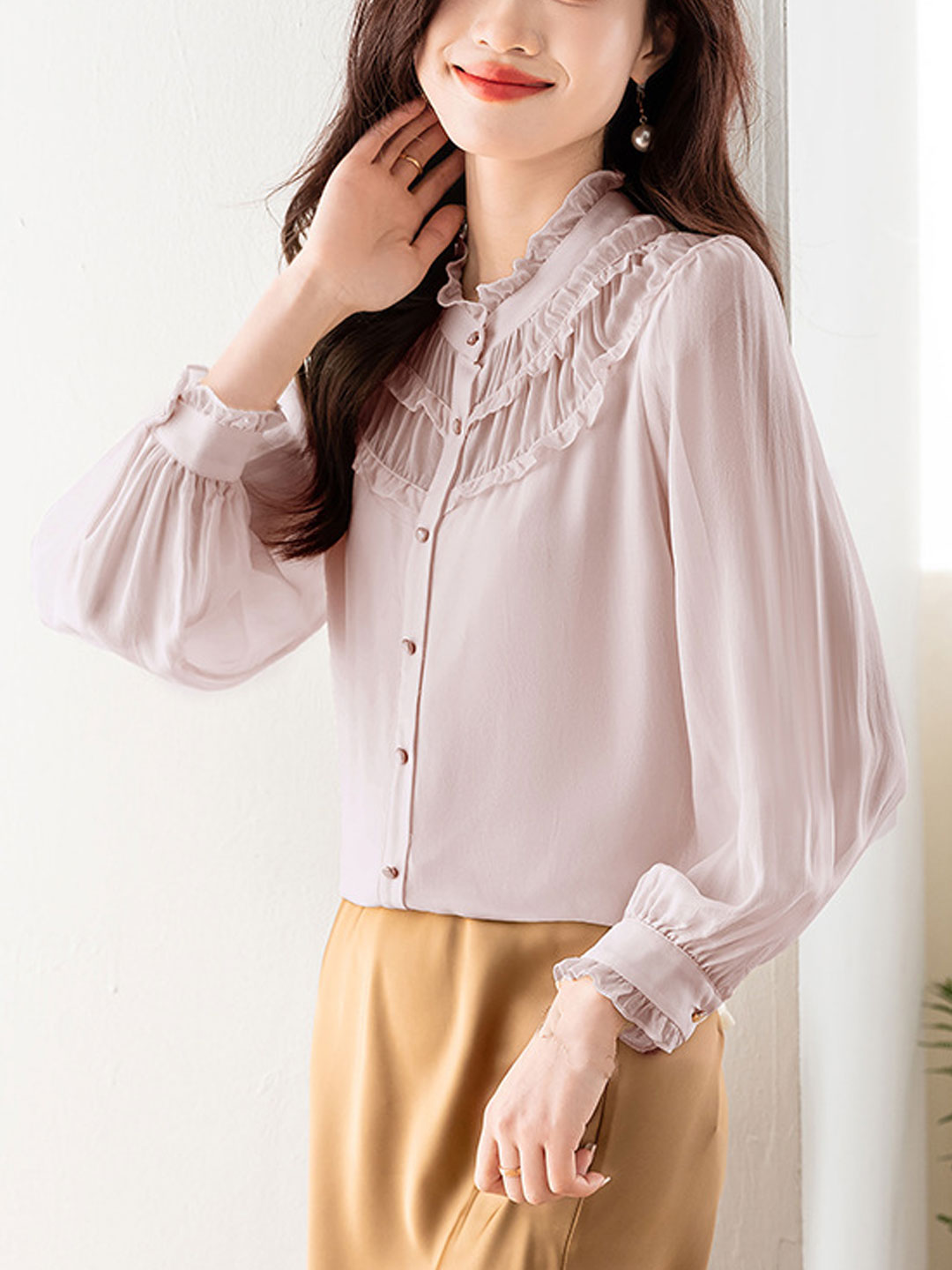 Lauren Classic Ruffle Lace Pleated Chiffon Top