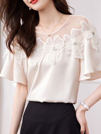 Ava Retro Mesh Splicing Beaded Flower Chiffon Top-Beige