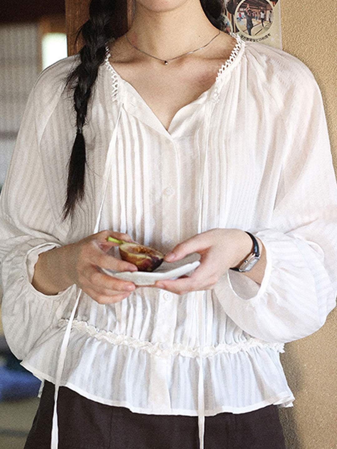 Ashley Retro Puff Sleeve Tie Pleated Blouse