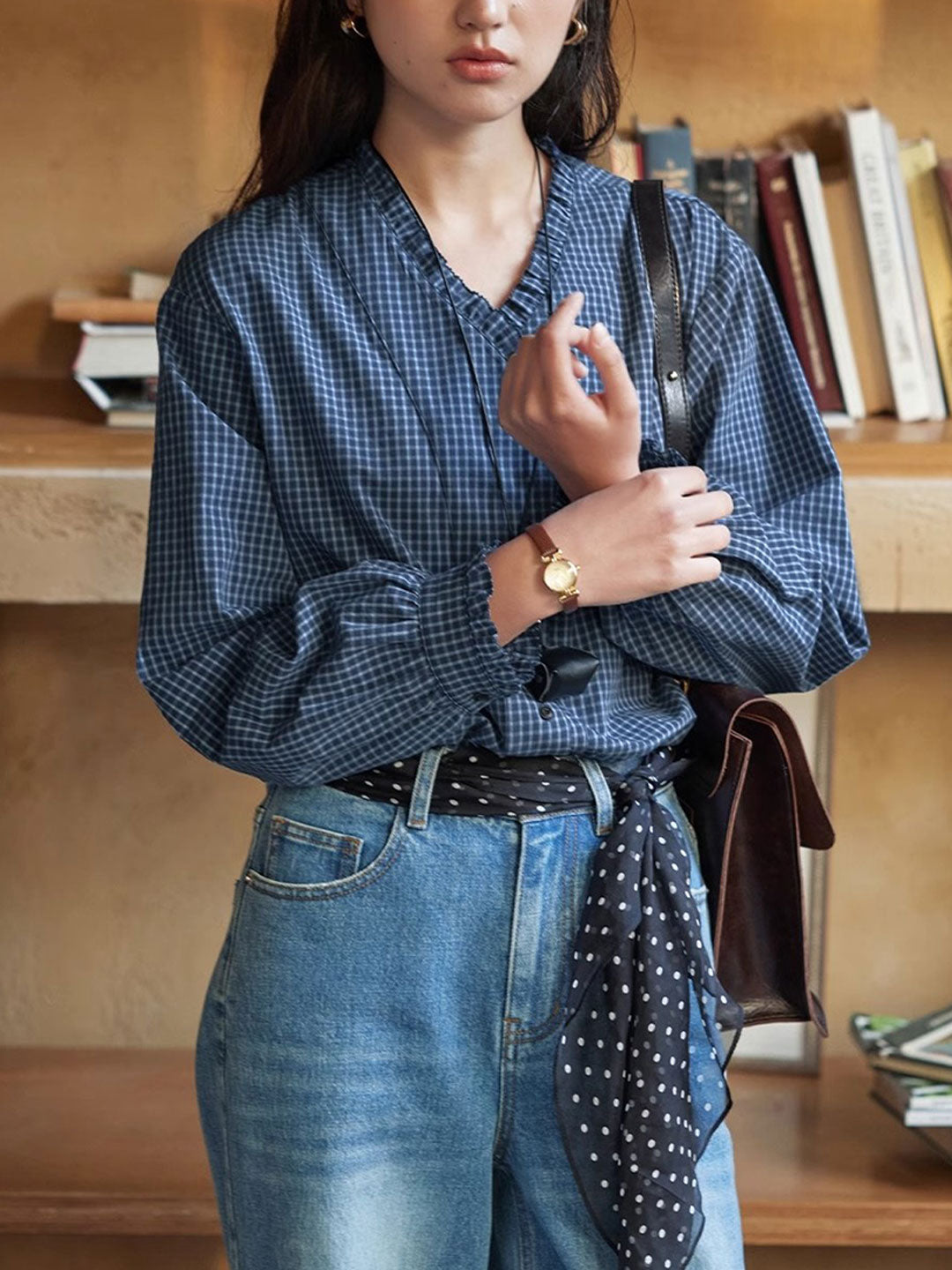 Madison Vintage V-Neck Ruffle Plaid Shirt