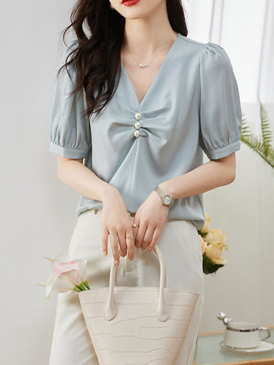 Bella Elegant Beaded Pleated Satin Shirt