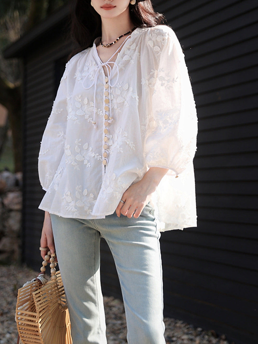 Alyssa Classic V-neck Embroidered Blouse