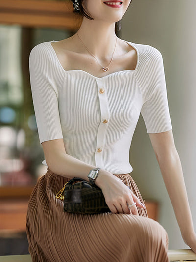 Ava Elegant Square-Neck Button Knitted Cardigan-White