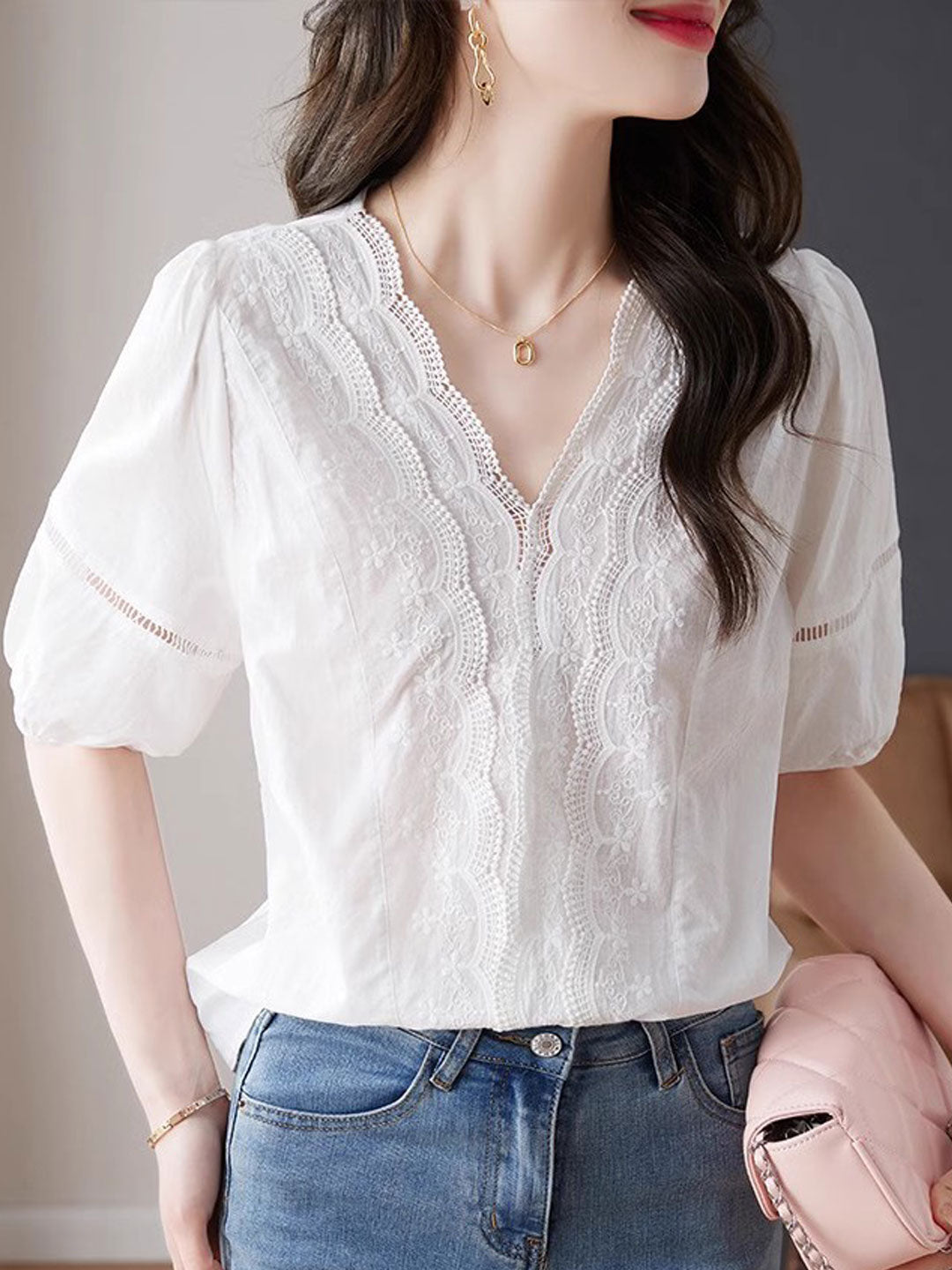 Olivia Retro V-Neck Lace Embroidered Top