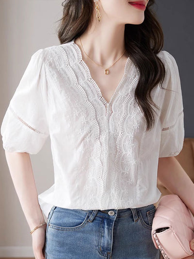 Olivia Retro V-Neck Lace Embroidered Top