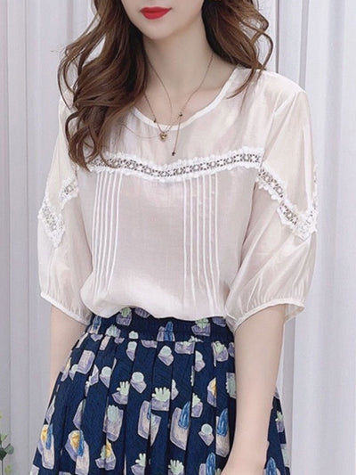 Audrey Loose Puff Sleeve Lace Hollowed Blouse
