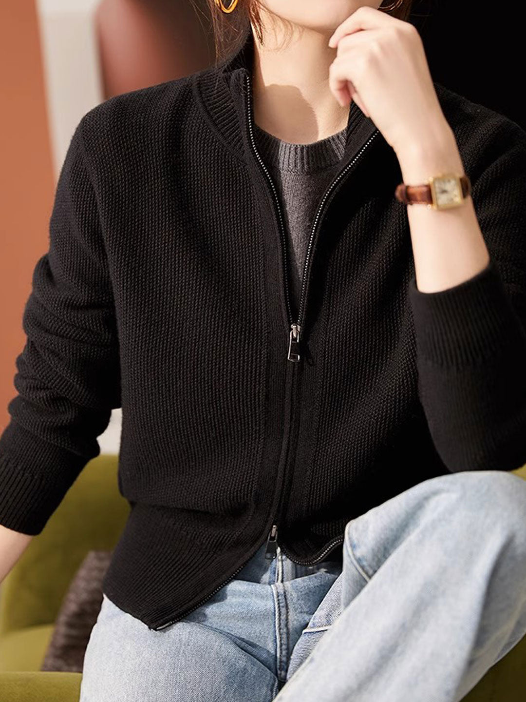 Emily Loose Zipper Solid Color Knitted Cardigan