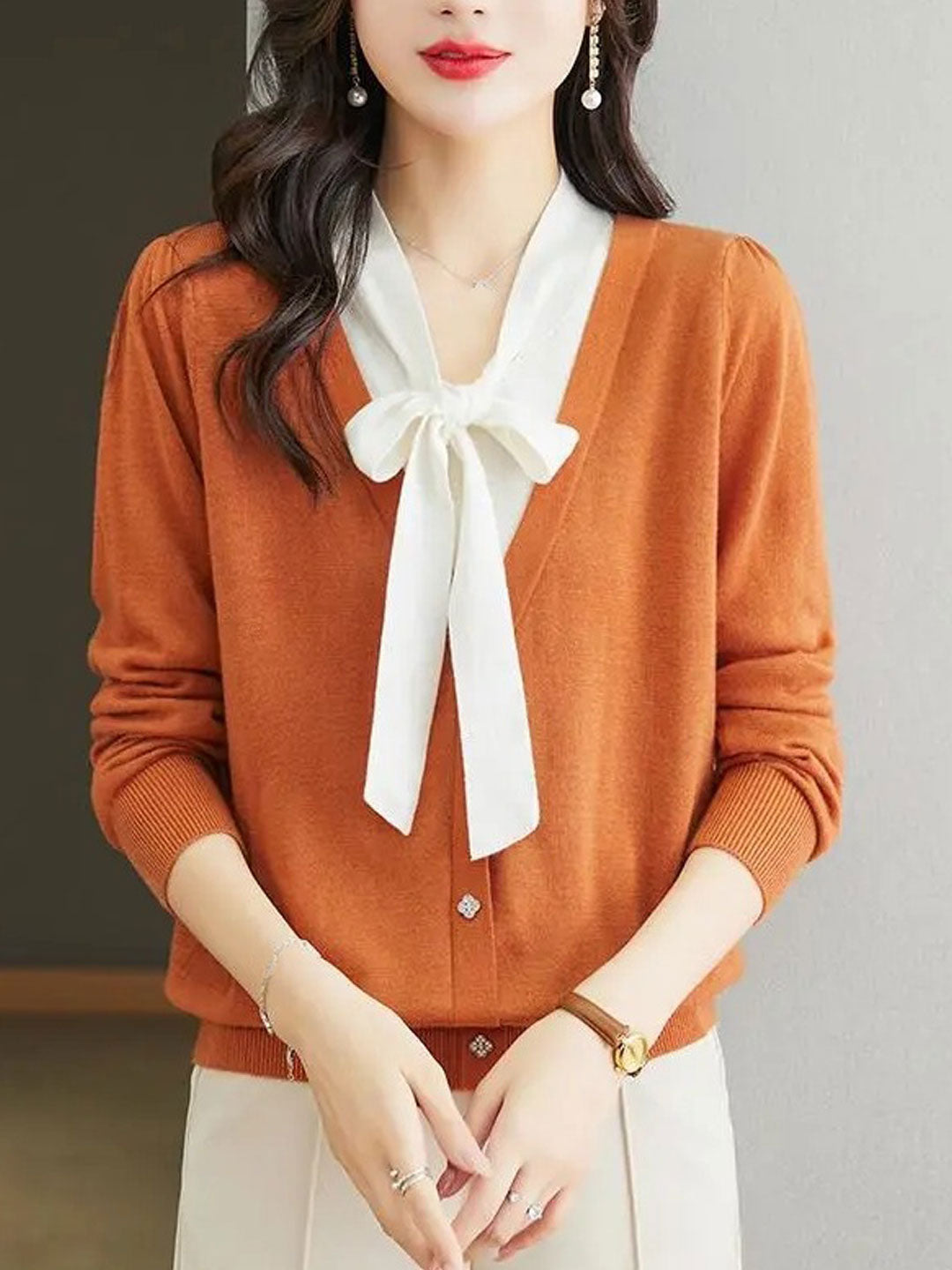 Raya Casual V-Neck Bow Knitted Sweater