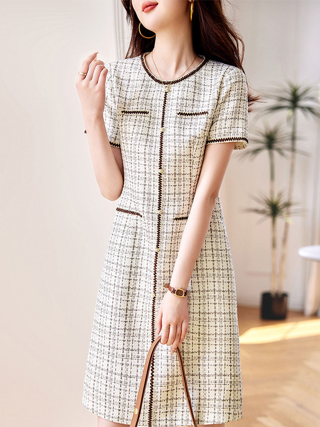 Grace Elegant Crew Neck Printed Plaid Dress