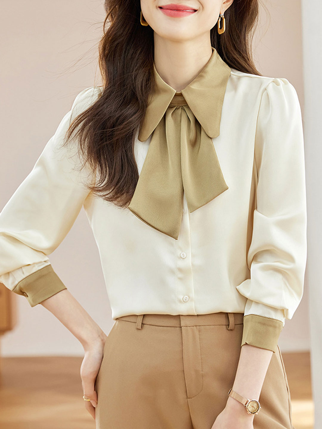 Isabella Classic Doll Collar Color Block Shirt