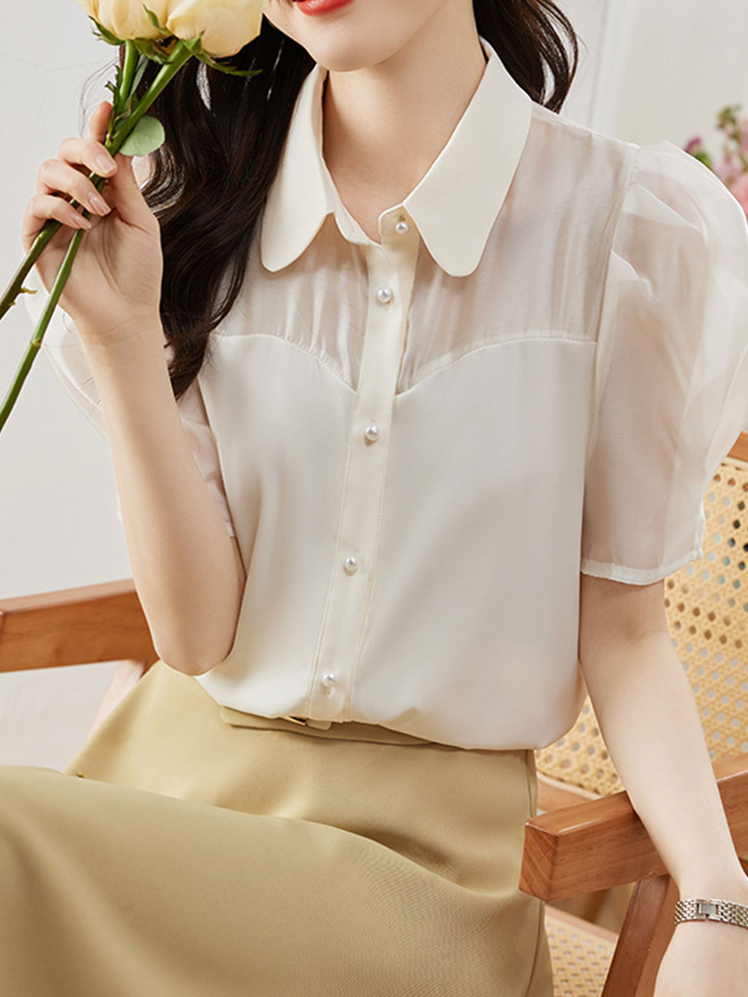 Mariay Classic Satin Stitching Shirt-Beige