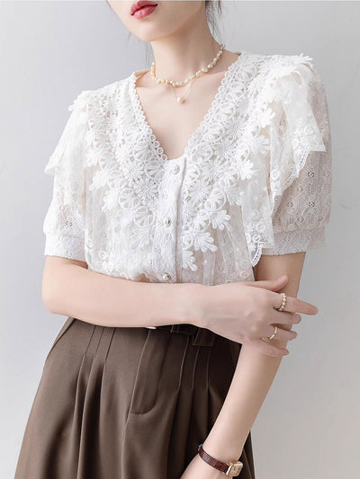 Kaylee Vintage V-Neck Solid Color Lace Blouse