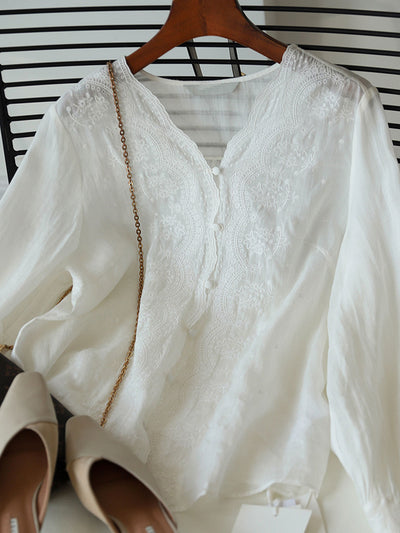 Abigail Vacation V-Neck Solid Color Embroidered Top
