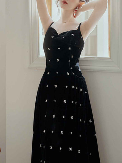 Kayla Retro Velvet Embroidered Slip Dress Two-Piece Set