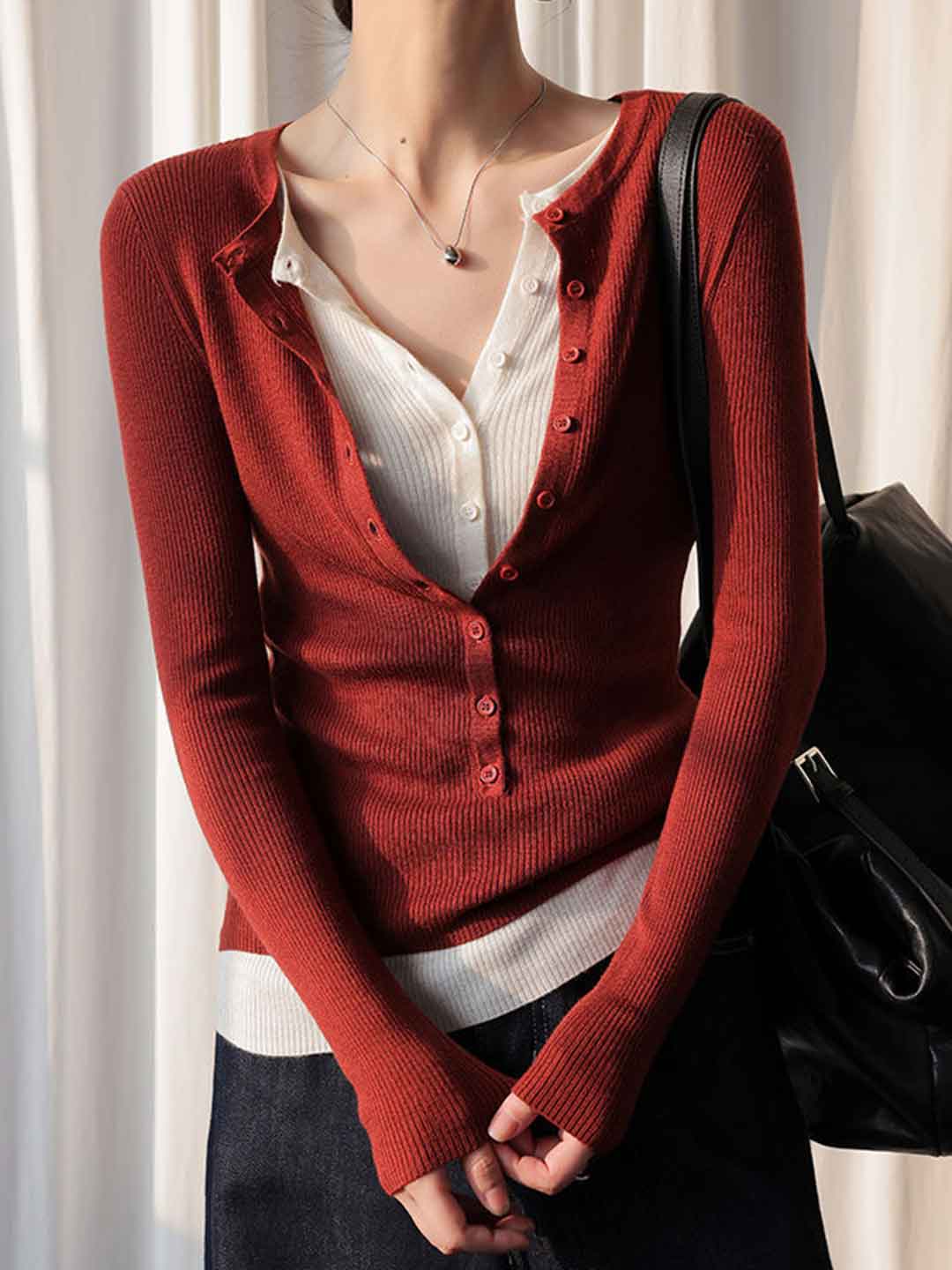 Kayla Slim V-Neck Mock Two-Piece Knitted Top