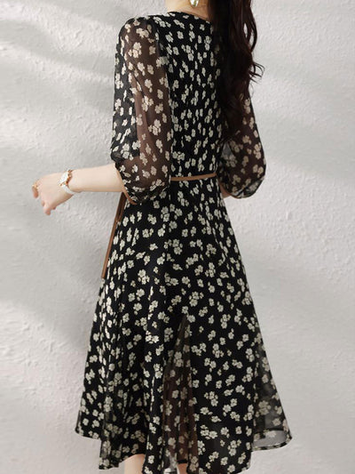 Molly Retro Floral Wrap Waisted Dress-Black Long