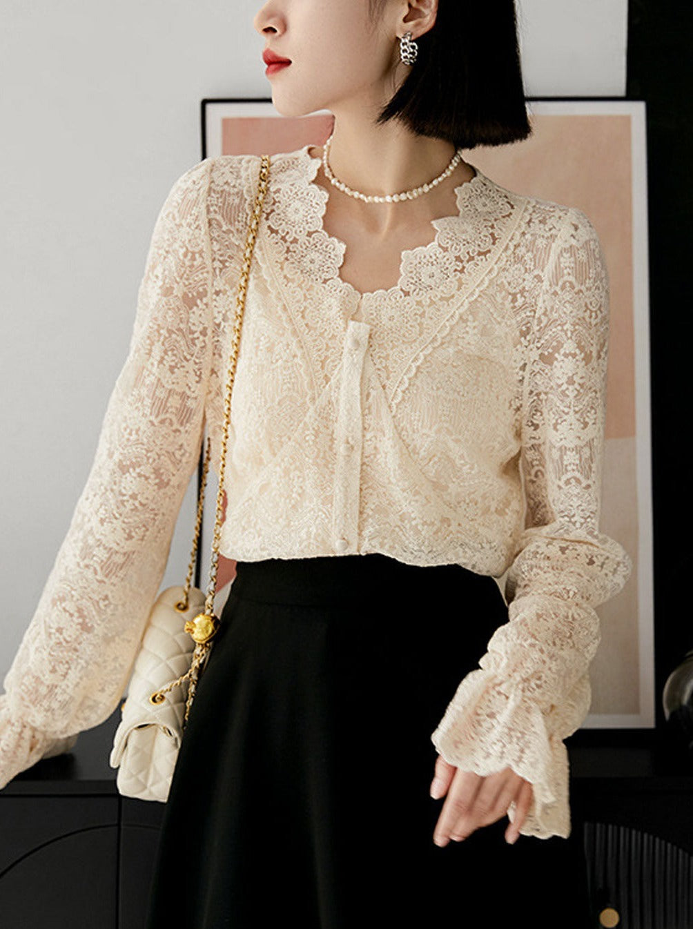 Khloe Elegant V-Neck Lantern Sleeve Lace Top