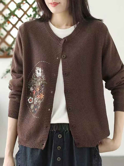 Anna Classic Crew Neck Embroidered Knitted Cardigan