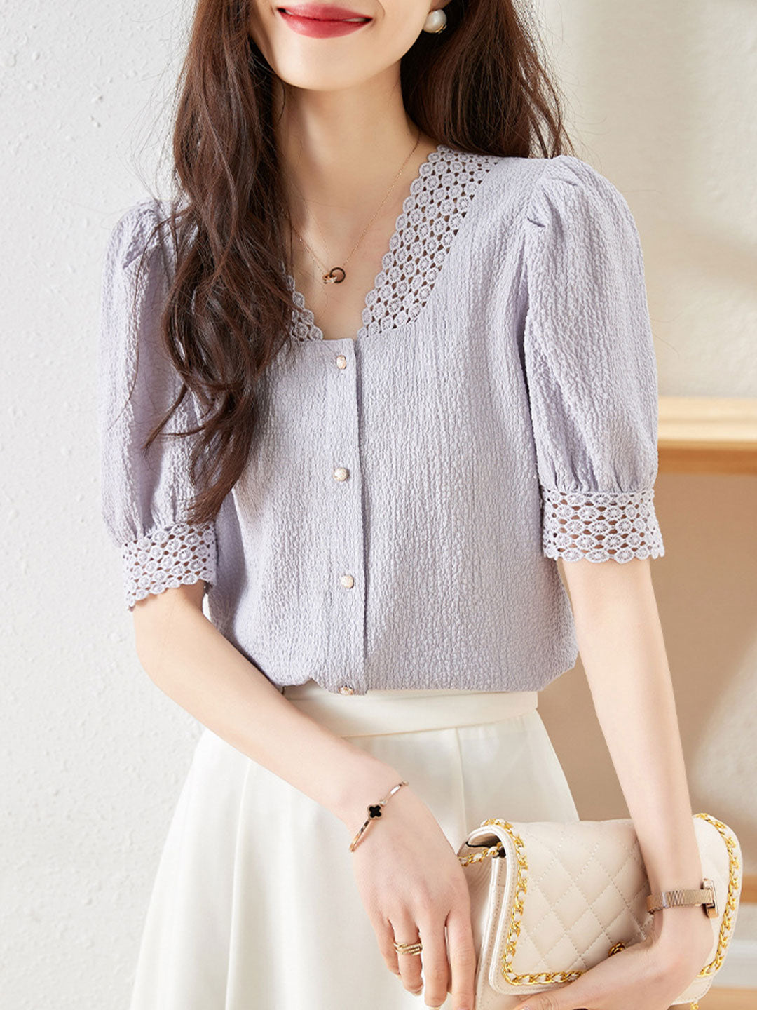 Sydney Elegant Hollowed Button Top-Purple