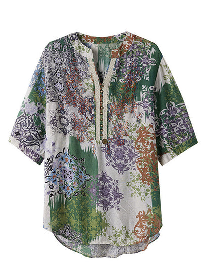 Natalie V-Neck Loose Beaded Printed Blouse