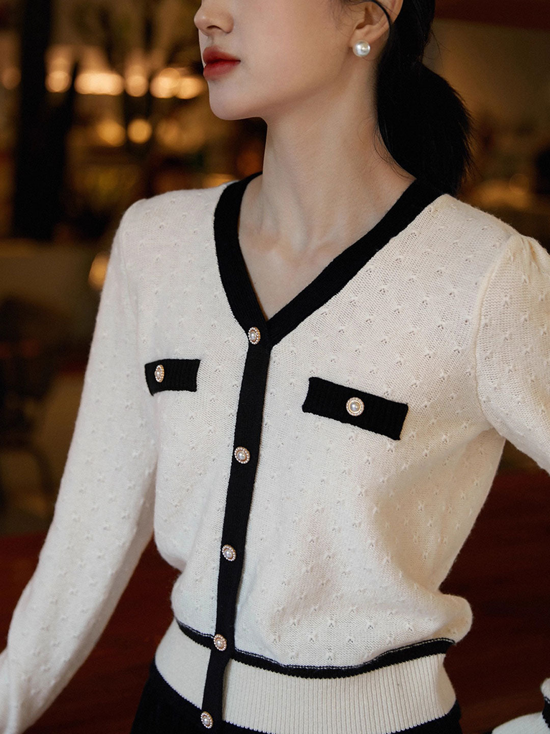 Hannah Casual V-Neck Textured Jacquard Knitted Sweater