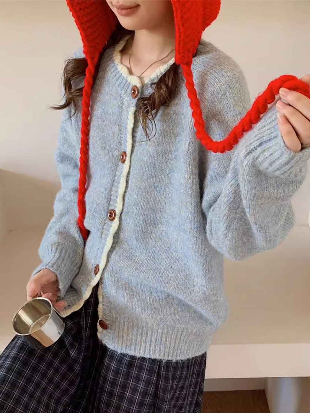 Emma Loose Crew Neck Colorblock Knitted Cardigan