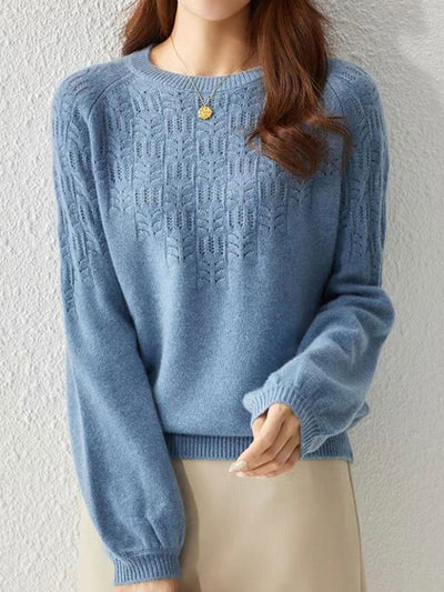 Lauren Elegant Crew Neck Lantern Sleeve Hollowed Top