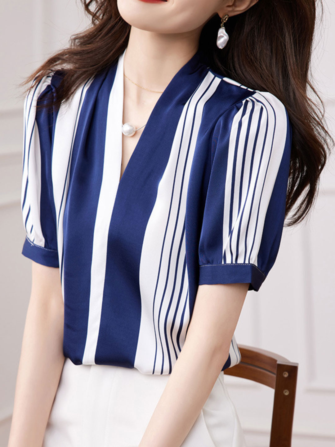 Lauren Classic Contrast Color Loose Shirt-Blue