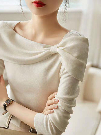 Brianna Off-Neck Bow Knitted Sweater-White