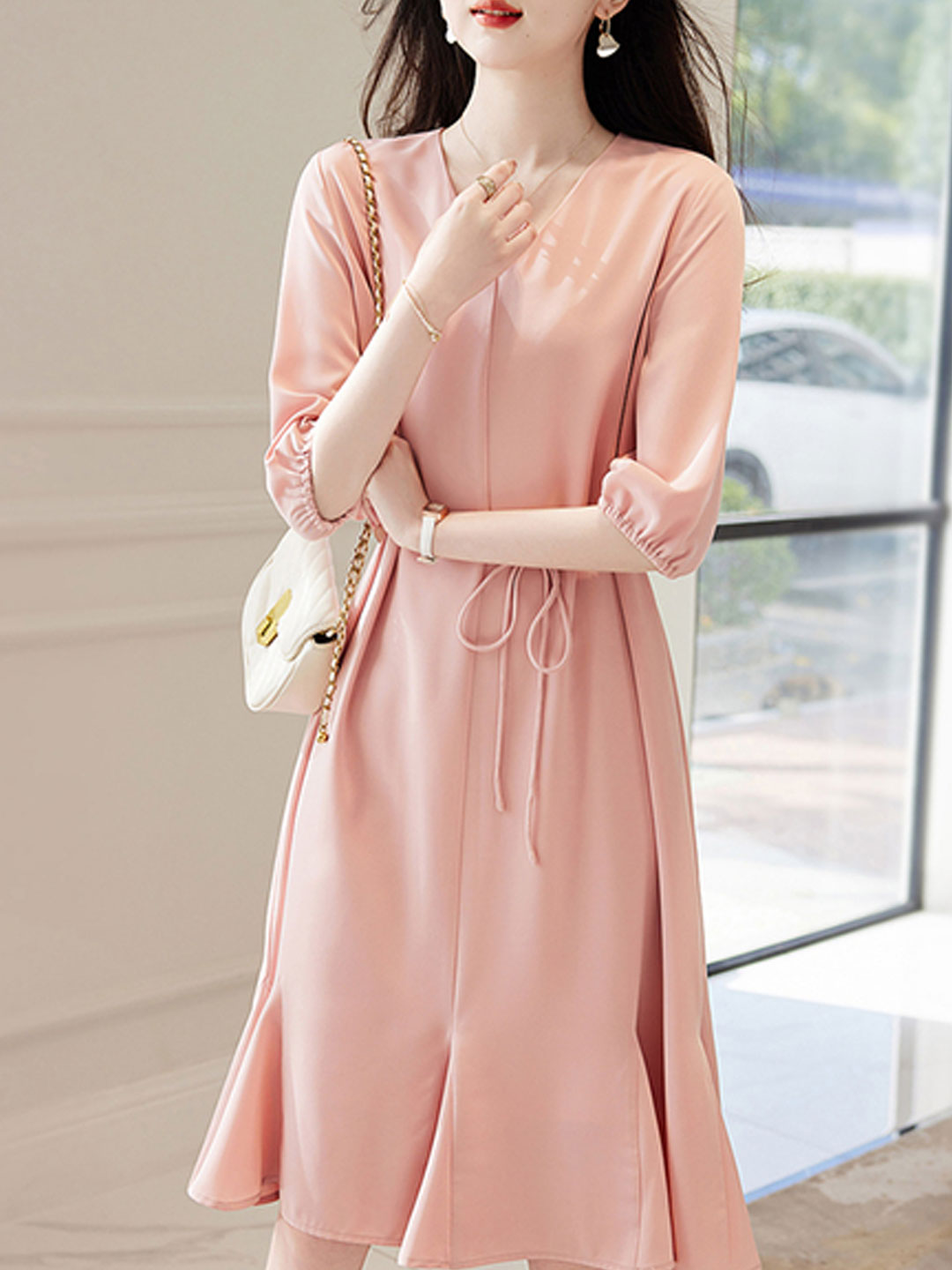 Emma Elegant V-Neck Solid Color Dress