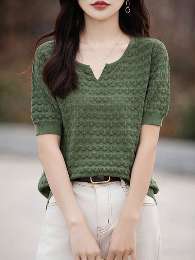 Chloe Loose Crew Neck Hooked Knitted Top-Green